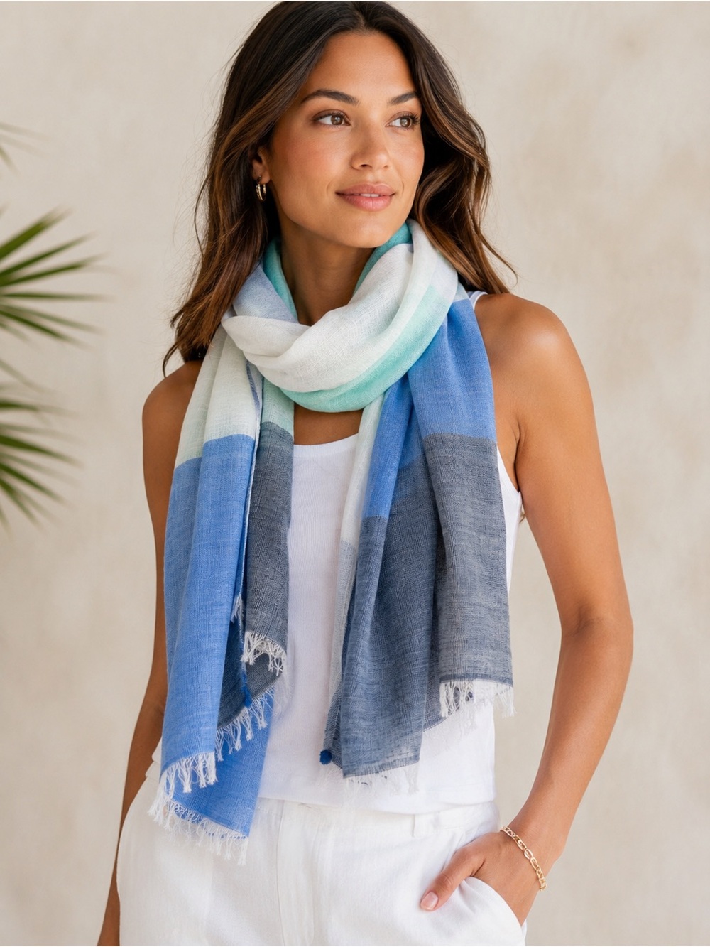 Tommy Bahama Linen Cotton Colorblock Fringe Scarf Turkish Sea NWT OS - Picture 1 of 5